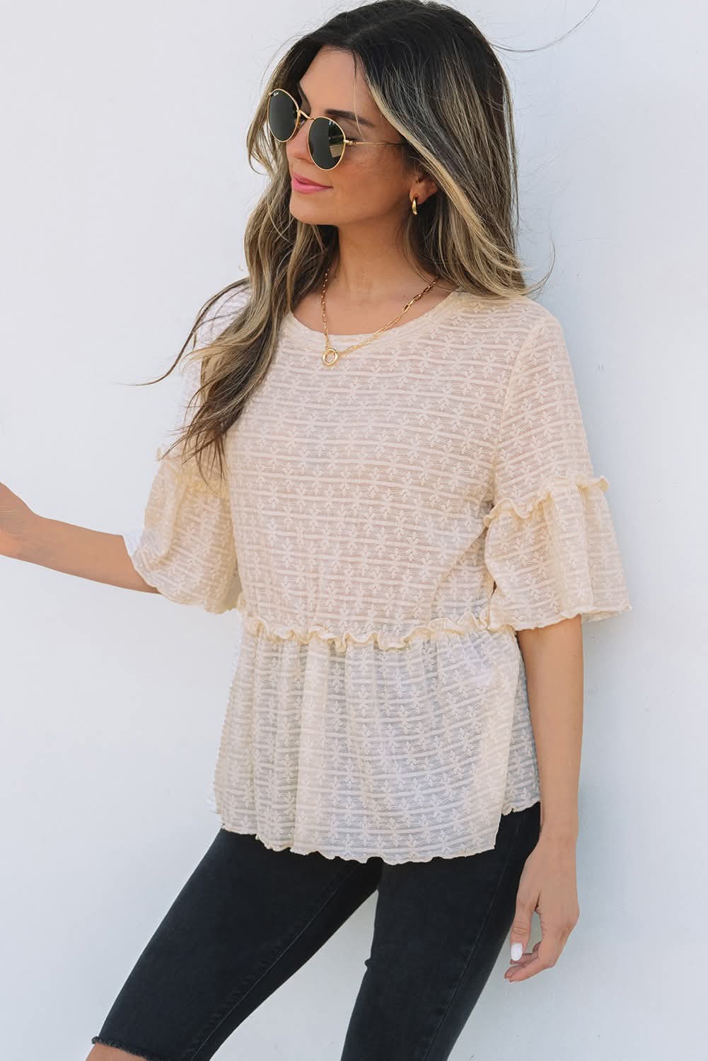 Beige Textured Ruffle Babydoll Top - #9093-9096
