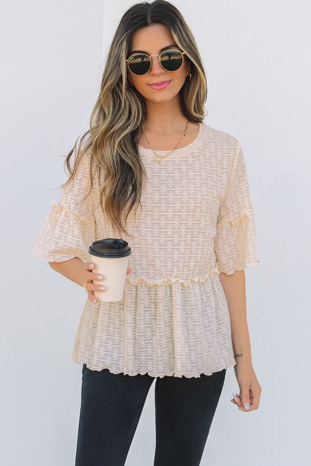 Beige Textured Ruffle Babydoll Top - #9093-9096