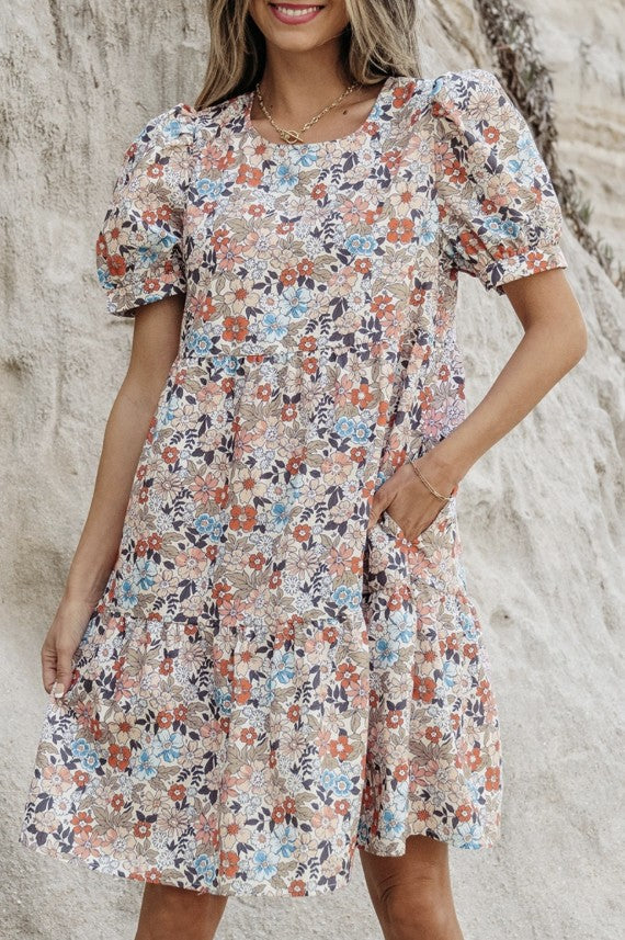 Bohemian Floral Print Tiered Dress - #9604-9607