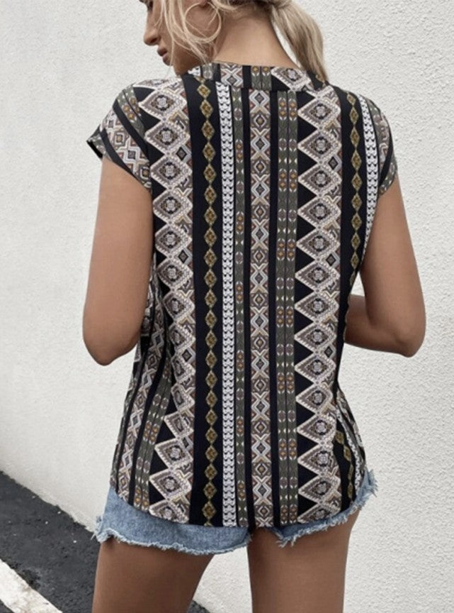 Aztec Print V-Neck Button Up Top - #9576-9580