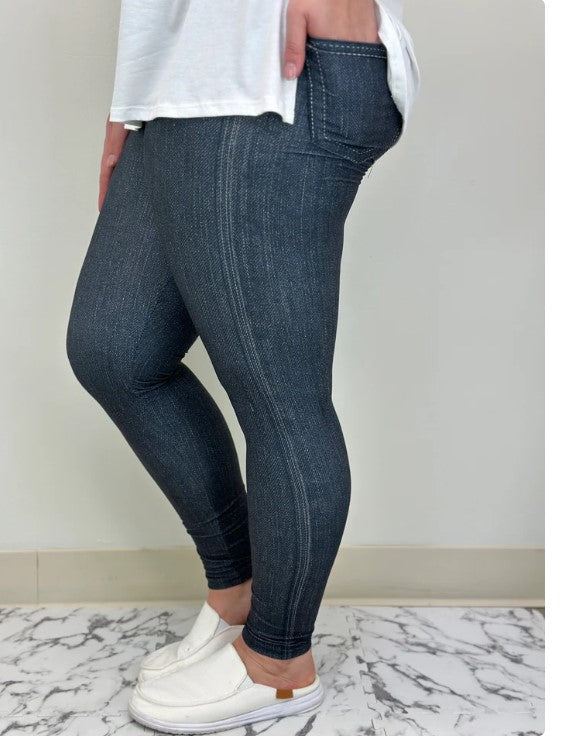 Black Denim Look Leggings w/Back Pockets - #6075-6076