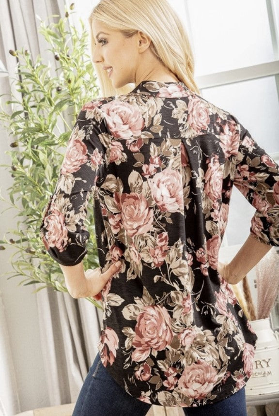 Black Floral 3/4" Sleeve Top - #7829-7834