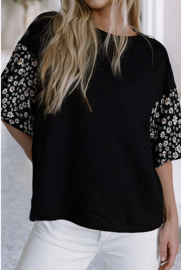 Black Top w/Floral Print Puff Sleeves - #9159-9162