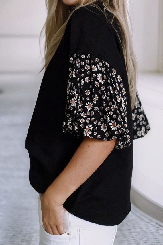 Black Top w/Floral Print Puff Sleeves - #9159-9162