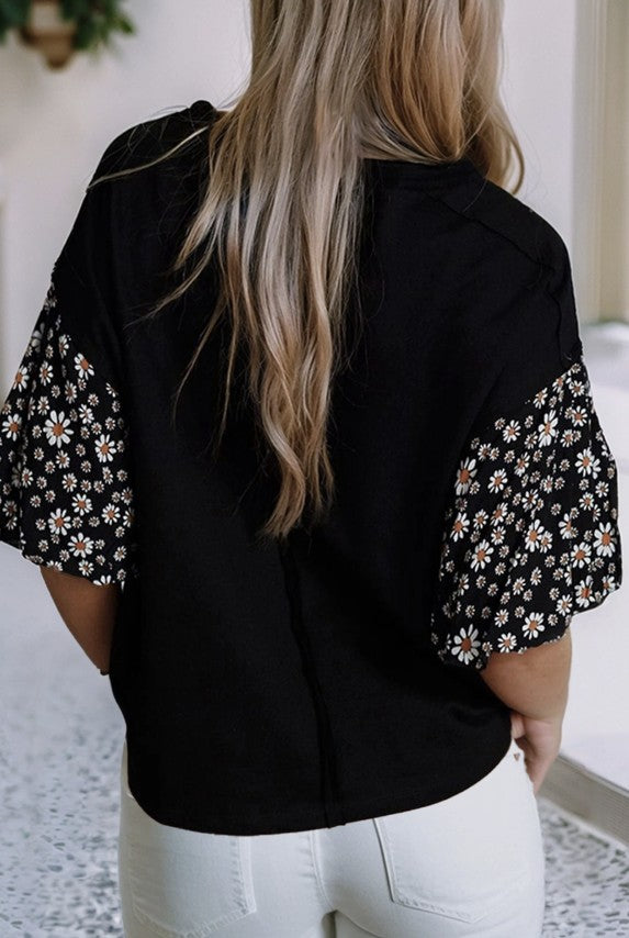 Black Top w/Floral Print Puff Sleeves - #9159-9162