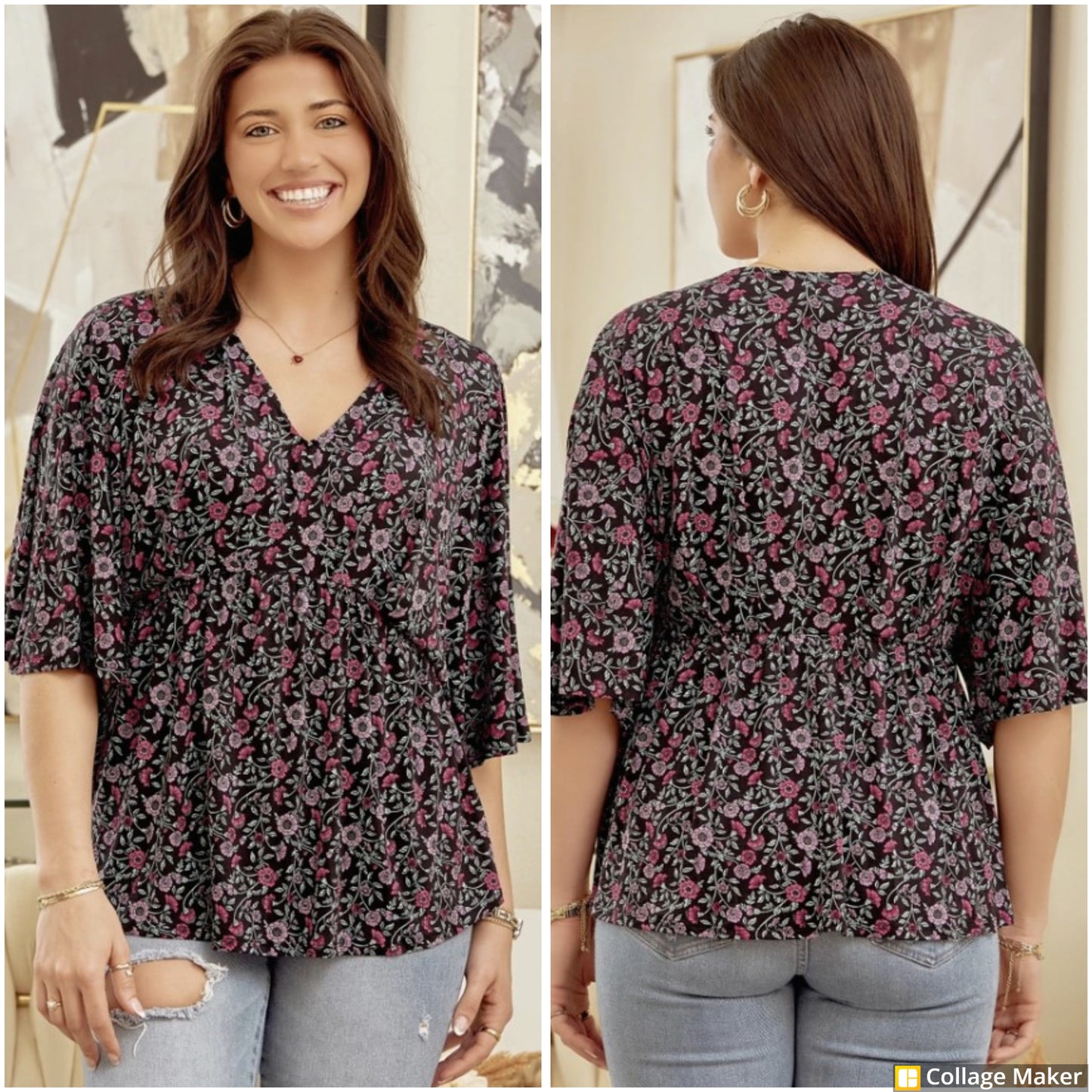 Black Floral V-Neck Top - #7859-7864