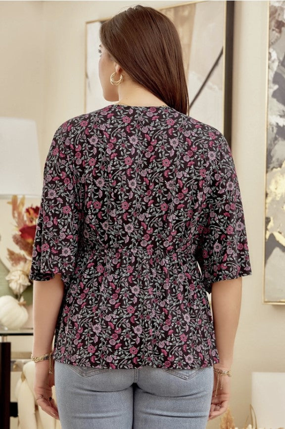 Black Floral V-Neck Top - #7859-7864