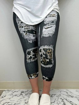 Black Denim-Look Capri Leggings with Leopard Patch - #4233-42356