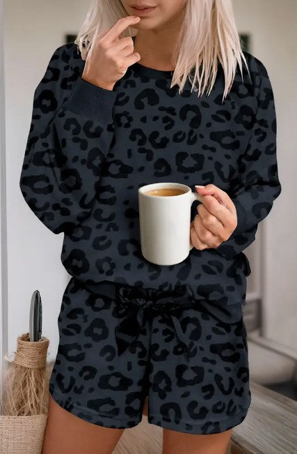 Black Leopard 2 Pc Shorts Lounge Set - #61746179