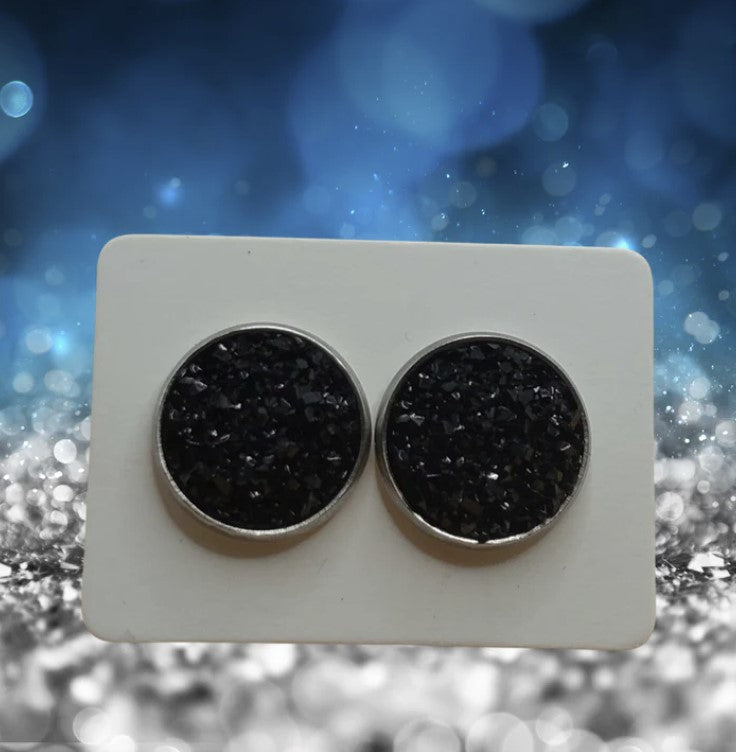 Black Druzy Round Earrings - #7495
