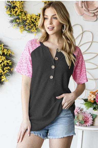 Black Top with Pink Animal Print Sleeves - #9865-9870