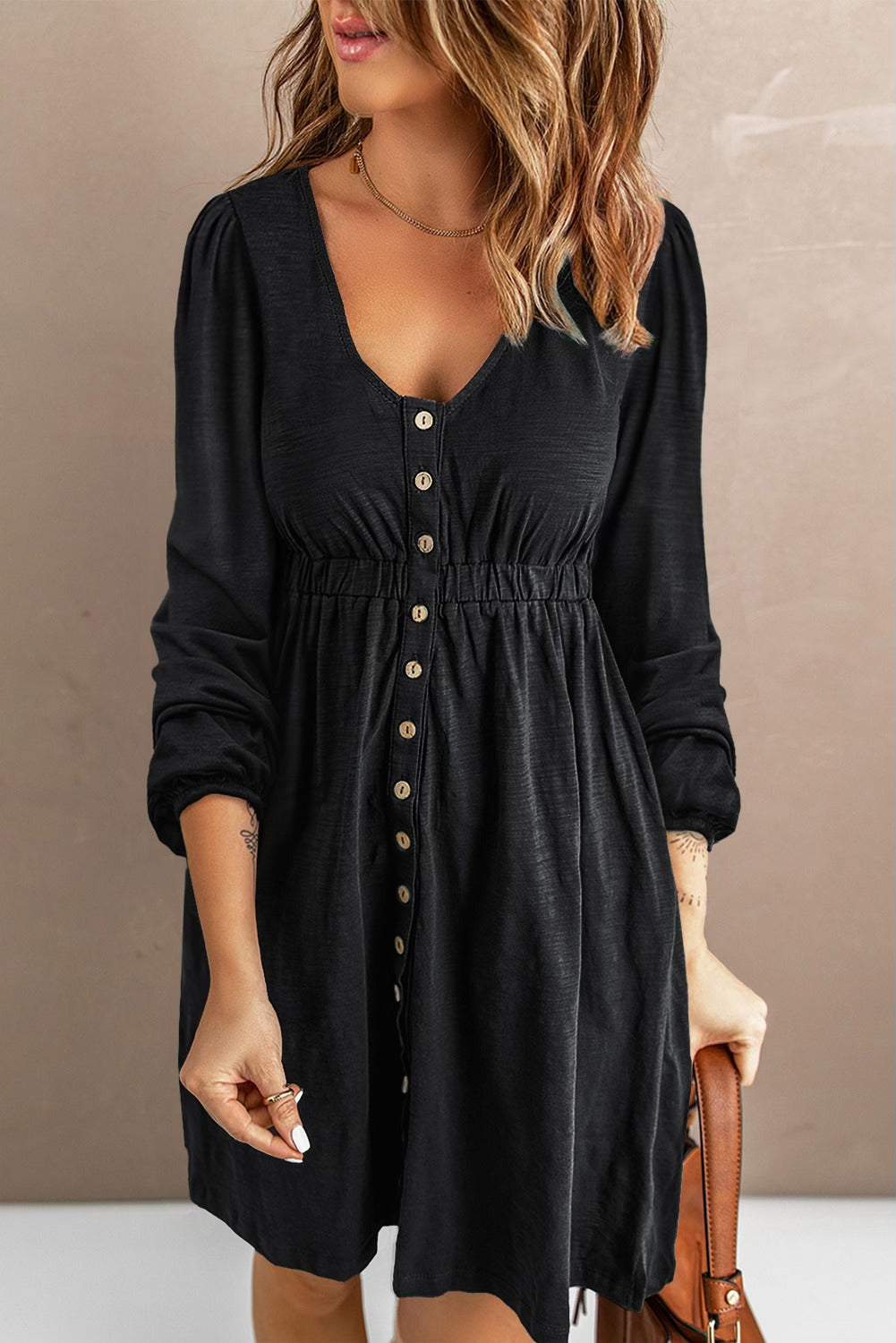 Black Long Sleeve Button-Up Dress - #10435-10439