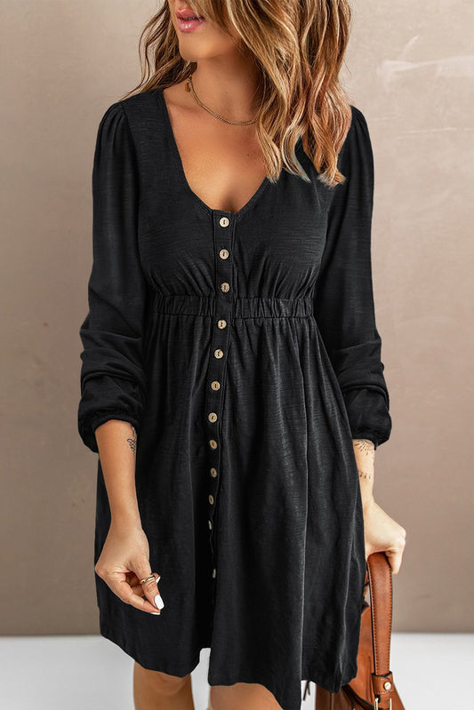 Black Long Sleeve Button-Up Dress - #10435-10439