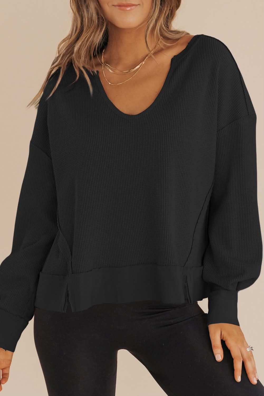 Black Waffle Knit Sweatshirt - #9819-9822