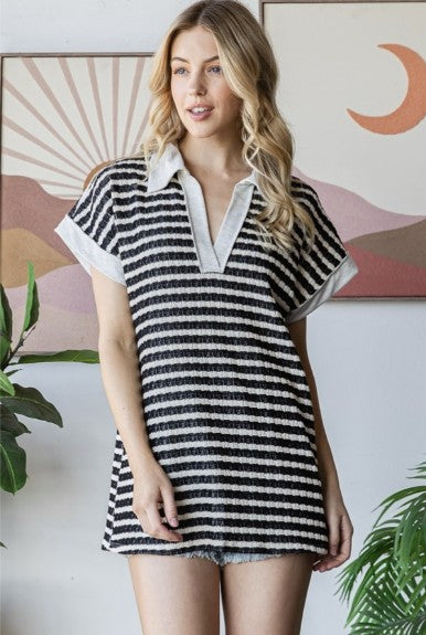 Black/Cream Jacquard Stripe Top w/Collar - #9766-9771