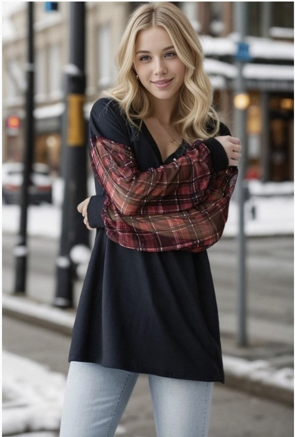 Black Top w/Plaid Puff Sleeves - #8266-8271