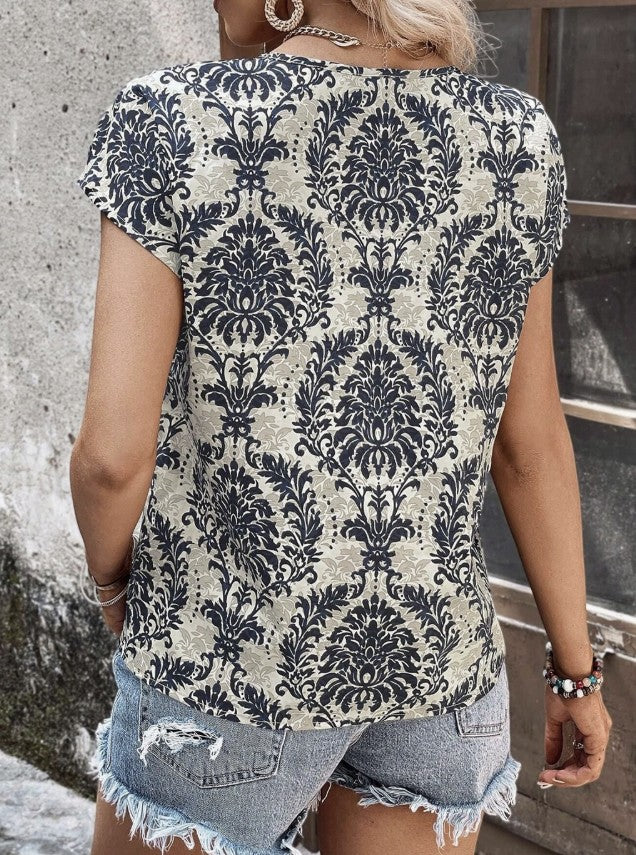 Cream & Blue Damask Print Top - #9591-9595