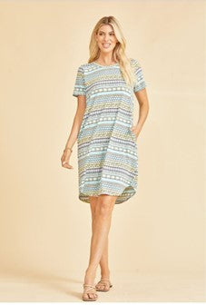 Blue/Yellow Print Dress w/Pockets- #4381-7386