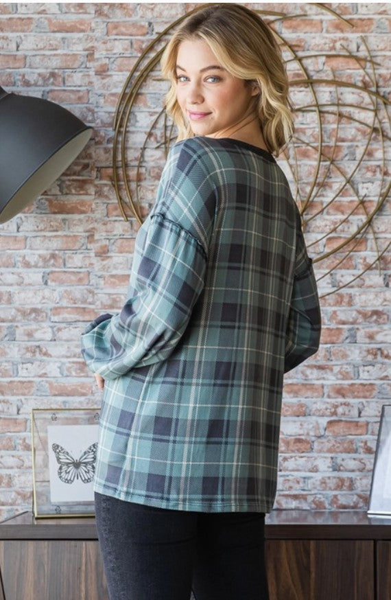 Blue/Green Plaid Top w/Front Buttons - #3255-6260