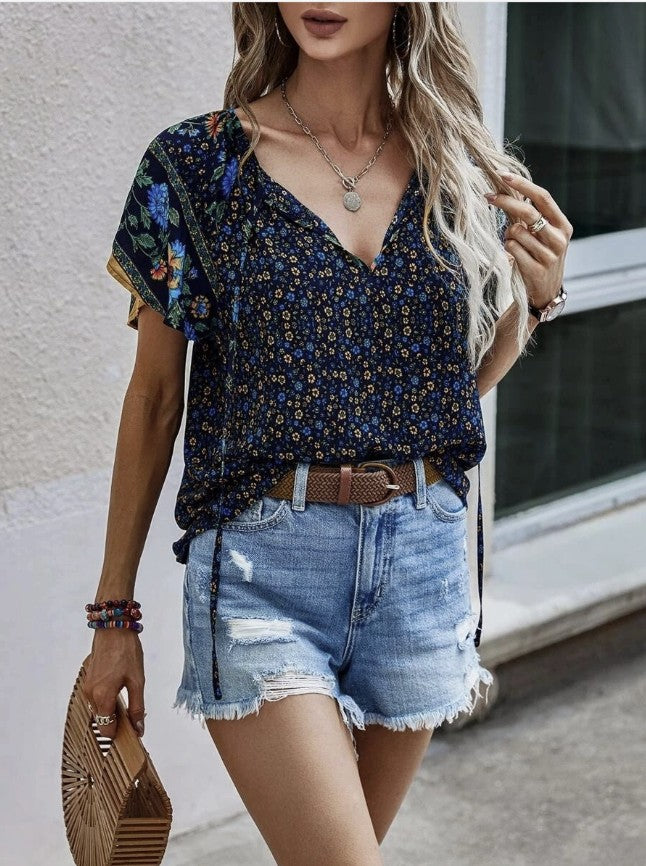 Blue Multi Flower V-Neck Top - #9922-9926