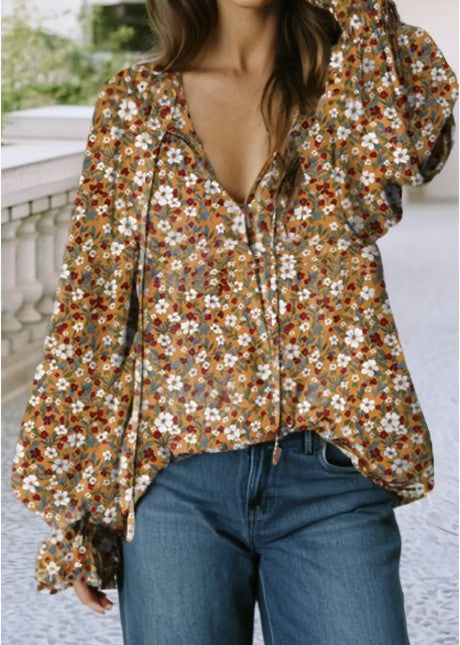 Boho Fall Floral Ruffle Long Sleeve Top - #10543-10546