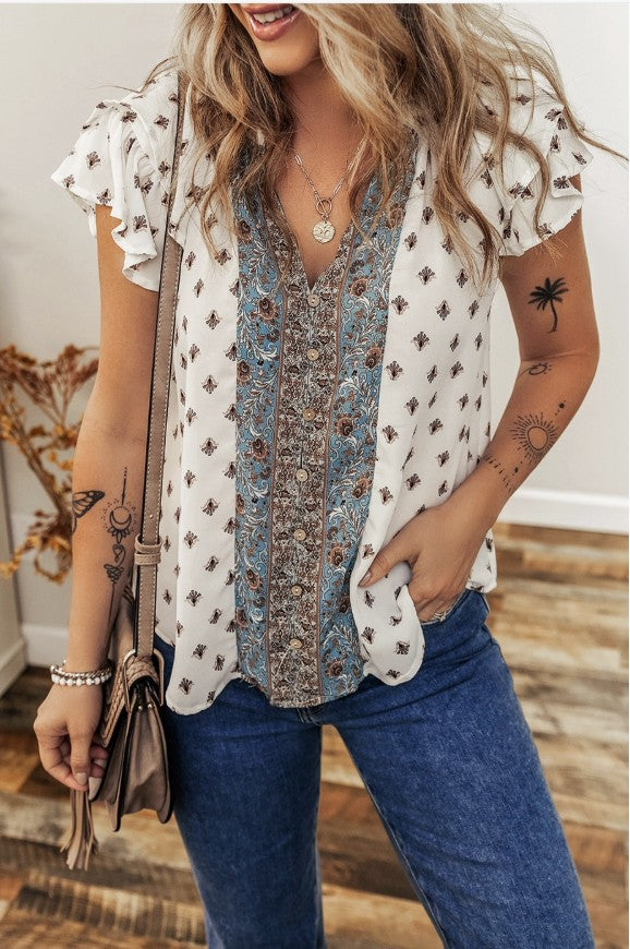 Boho Print V-Neck Top = #9341-9344