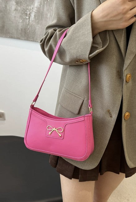 Bow Trimmed Shoulder Bag (Khaki-Black-Hot Pink) - #9293-9295