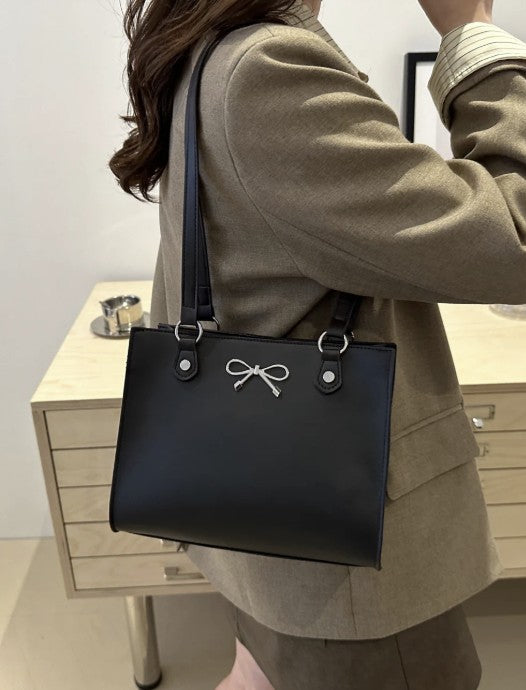 Bow Trim Tote Bag (Black-White-Khaki) - #9296-9298