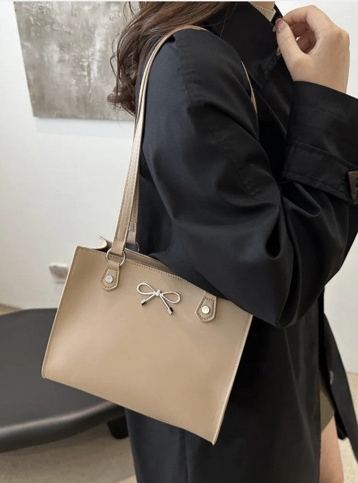 Bow Trim Tote Bag (Black-White-Khaki) - #9296-9298