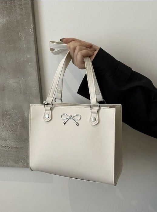 Bow Trim Tote Bag (Black-White-Khaki) - #9296-9298