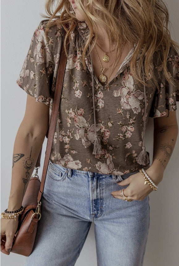 Brown Floral Tasset Tie Top - #9799-9802