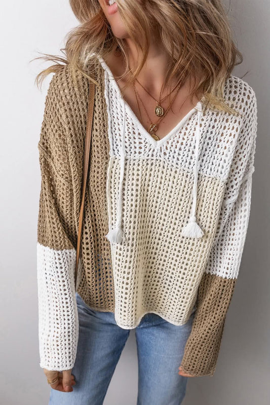 Brown Colorblock Hollow Sweater Top - #10150-10153