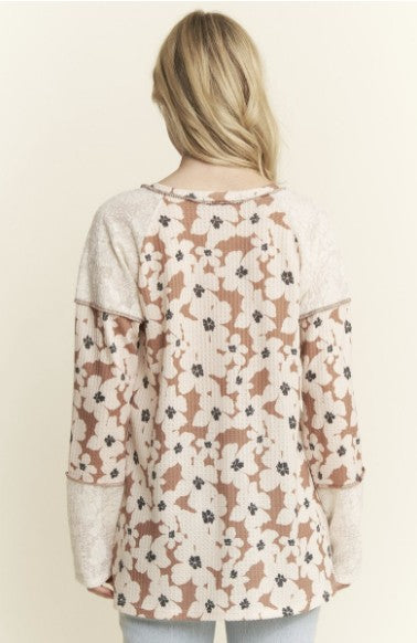 Brown Poppy Flower Waffle Knit Long Sleeve Top -#10497-10502