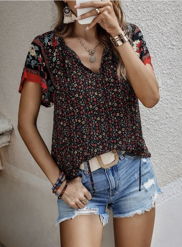Brown Multi Flower V-Neck Top - #9927-9931