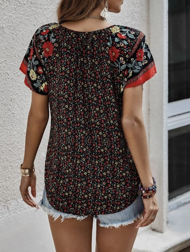 Brown Multi Flower V-Neck Top - #9927-9931