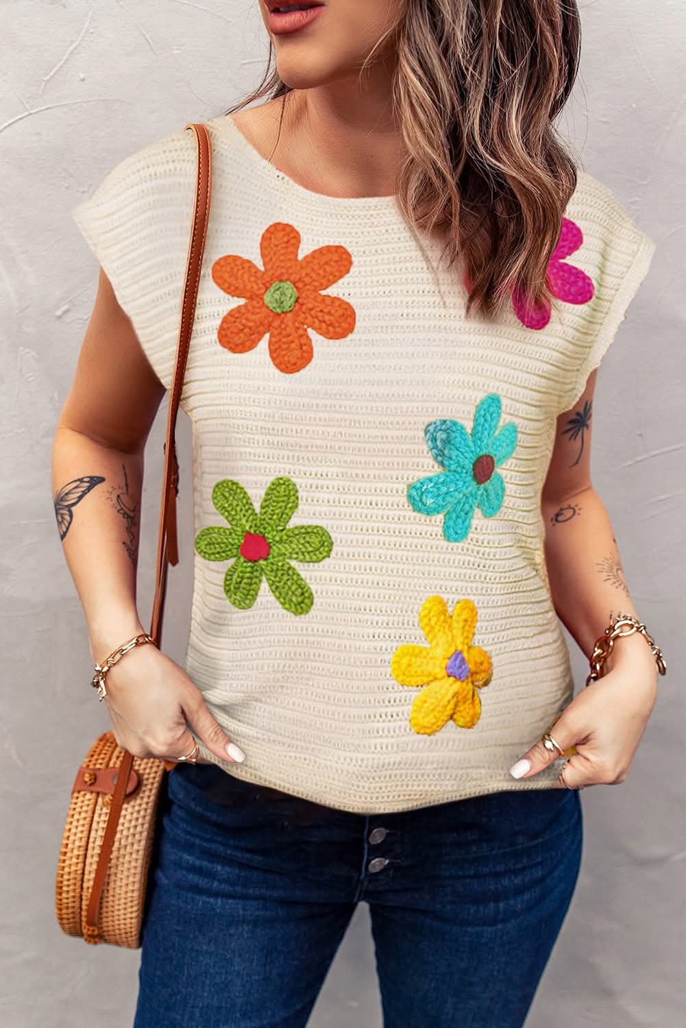Tan Flower Crochet Knit Top - #10052-10055)