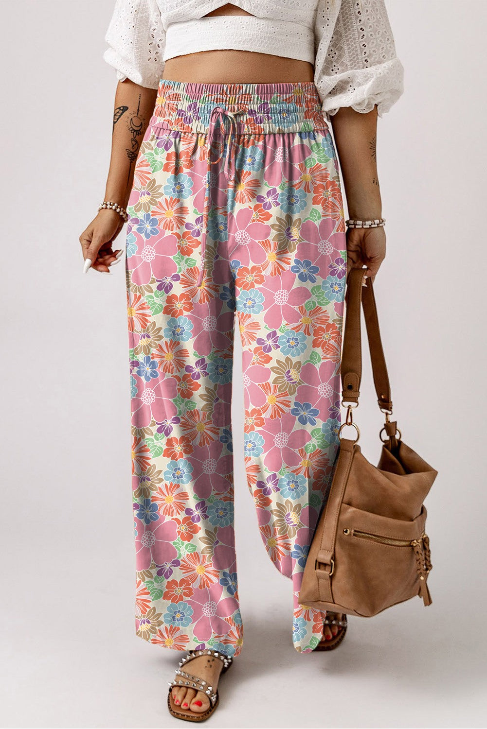 Pink Floral Smocked Pants - #9097-9100