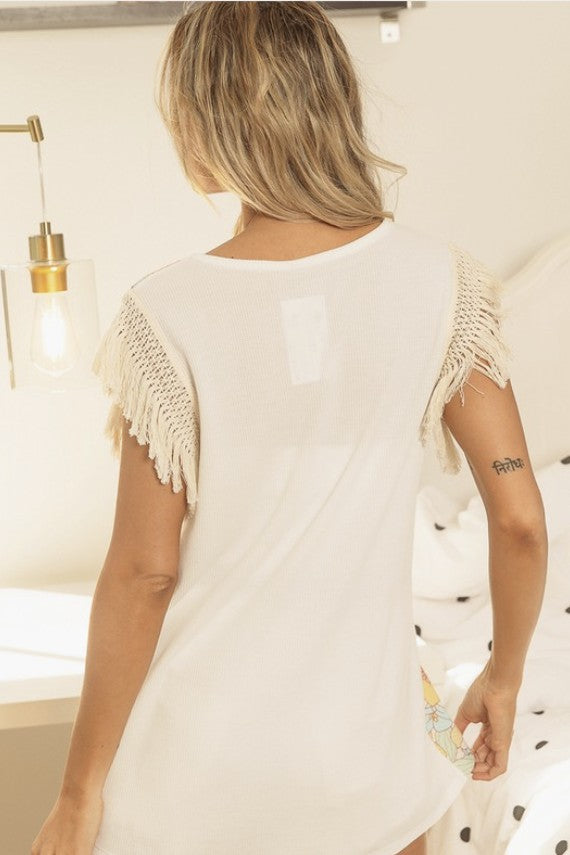Ivory Floral Print Fringe Top - #9022-9025