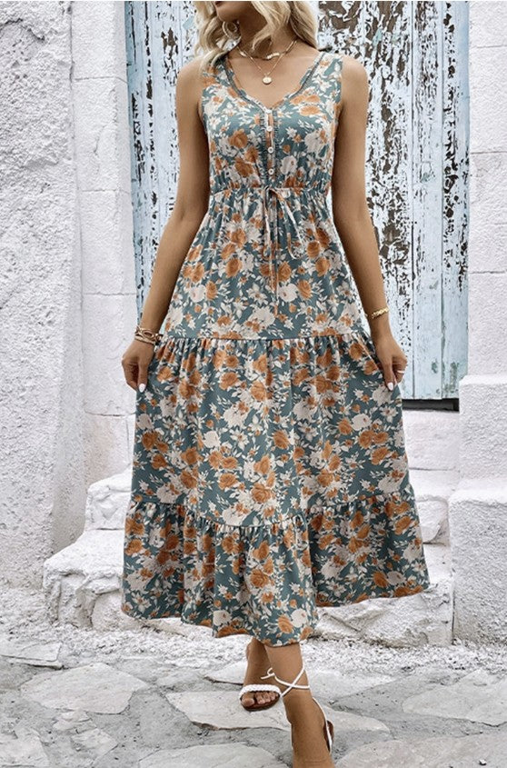 Floral Tiered V-Neck Maxi Dress - #9077-9080