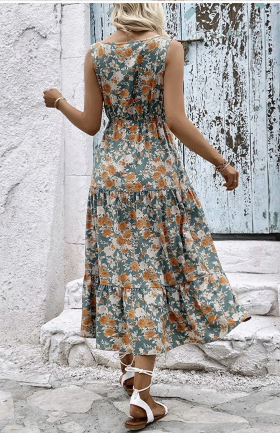 Floral Tiered V-Neck Maxi Dress - #9077-9080