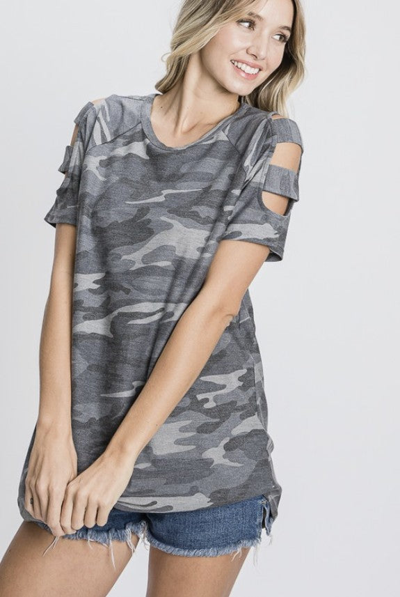 Grey Camo Top w/Cut Out Sleeves - #9707-9712