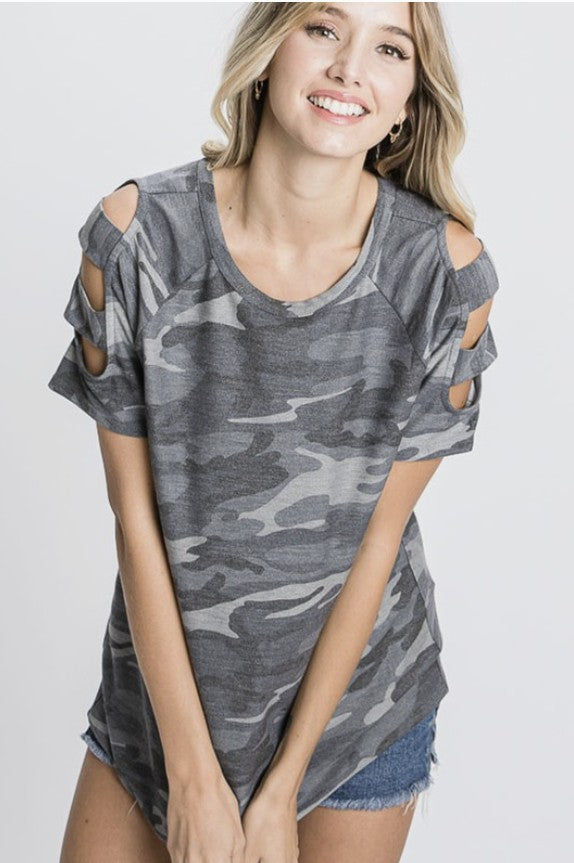 Grey Camo Top w/Cut Out Sleeves - #9707-9712
