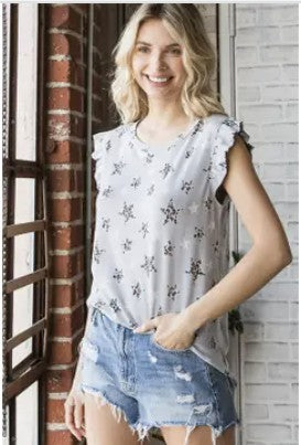 Grey Star Print Top w/Ruffle Sleeves - #9026-9029