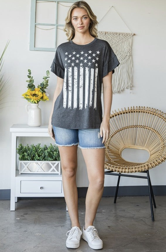 Grey Stars N Stripes Top w/Ruffle Sleeve - #9613-9618