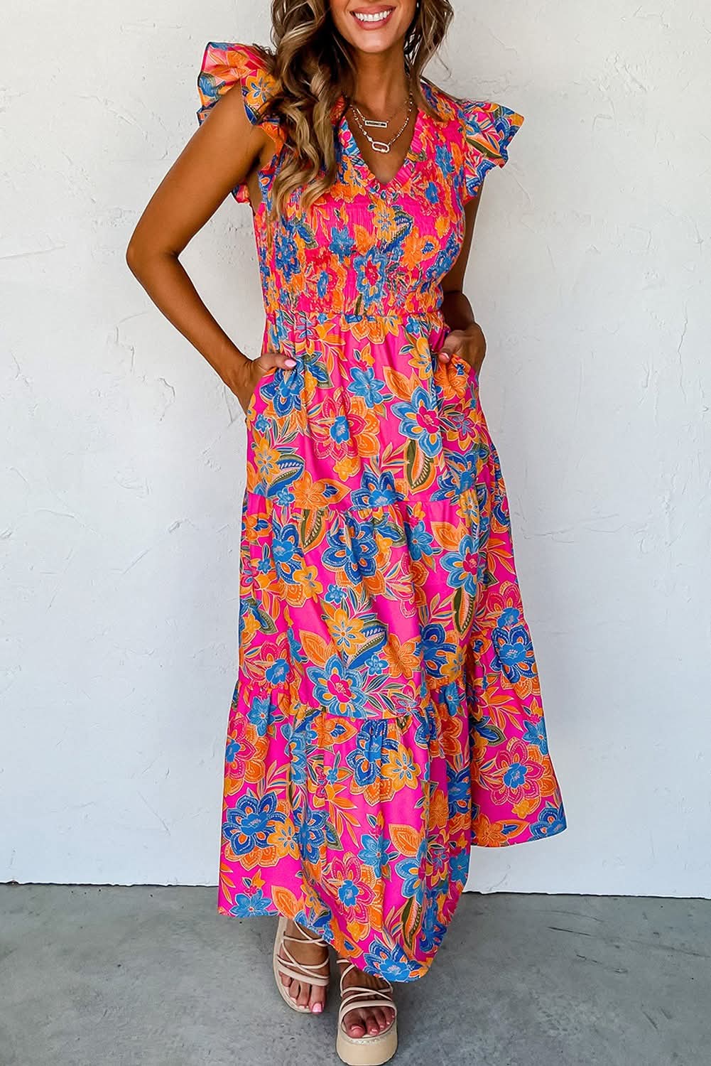 Hot Pink Floral Maxi Dress - #8818-8824