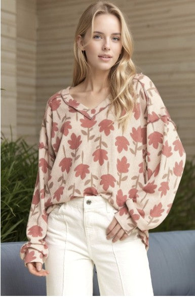 Leaf Print V-Neck Long Sleeve Top - #10293-10298