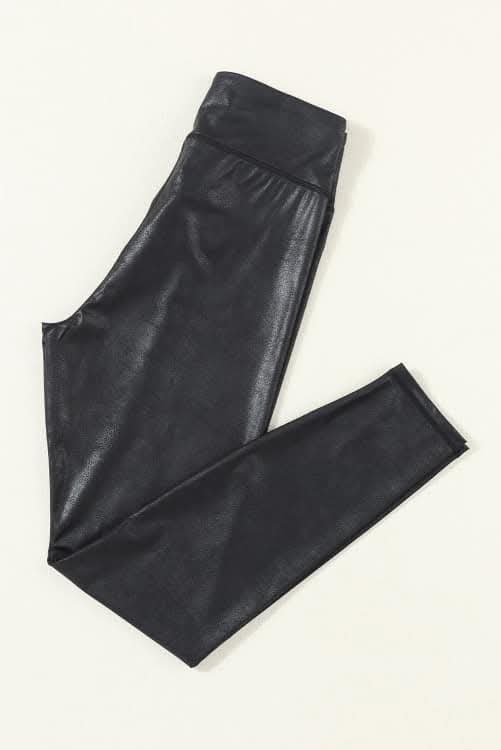 Black Sleek Leather Look Leggings - #10959-10962