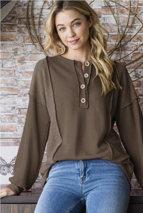 Mocha Reverse Contrast Top w/Button Detail - #10064-10069