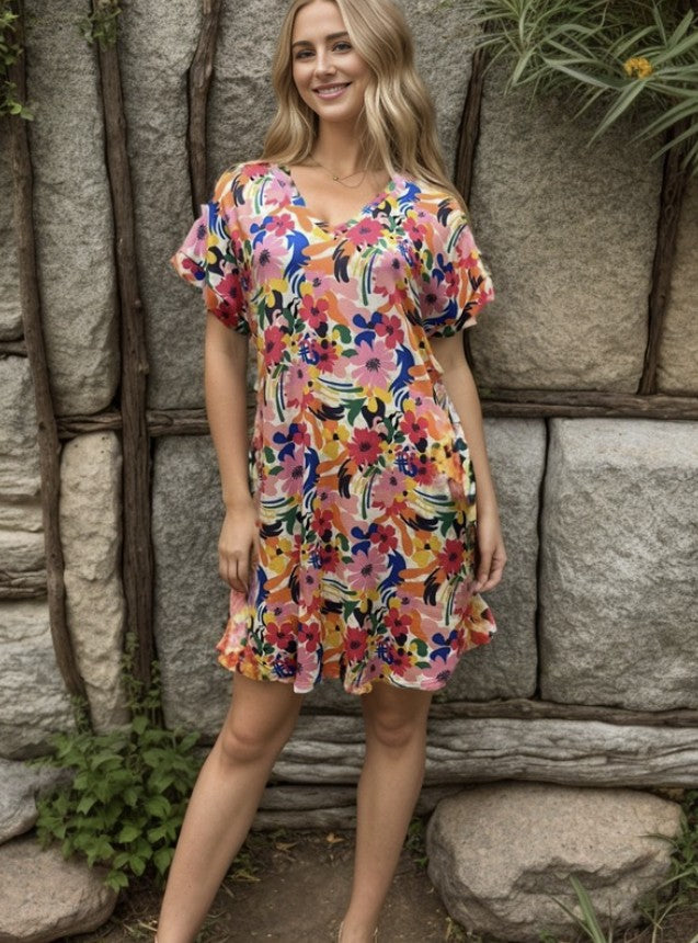 Multicolor Floral Print Dress w/Pockets - #8947-8952