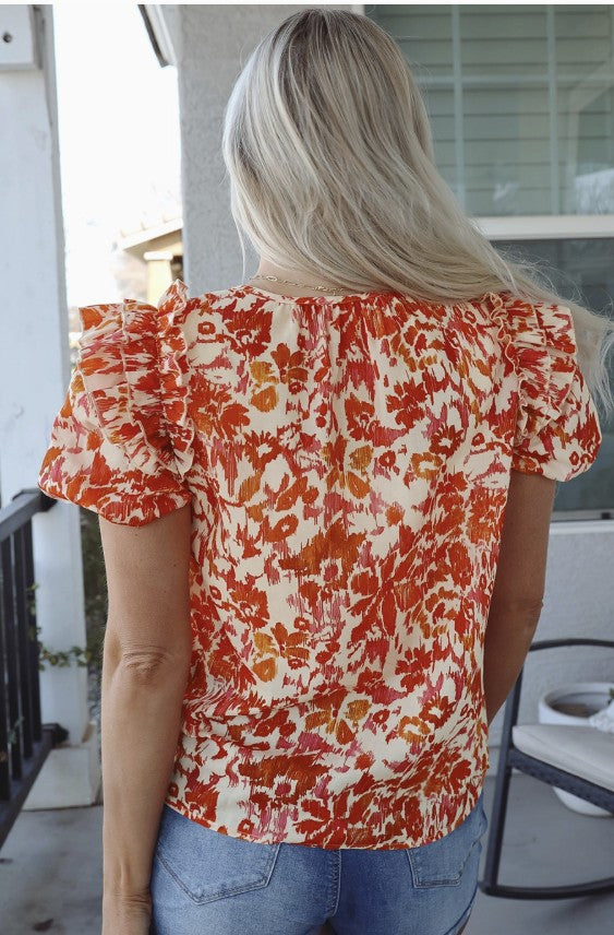 Orange Floral Print Puff Sleeve Top - #9146-9150